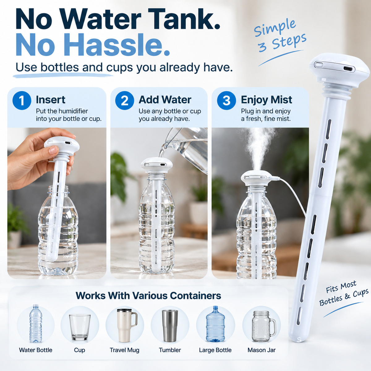 💧 Portable Bottle Humidifier | Turn Any Bottle Into A Personal Mist Maker