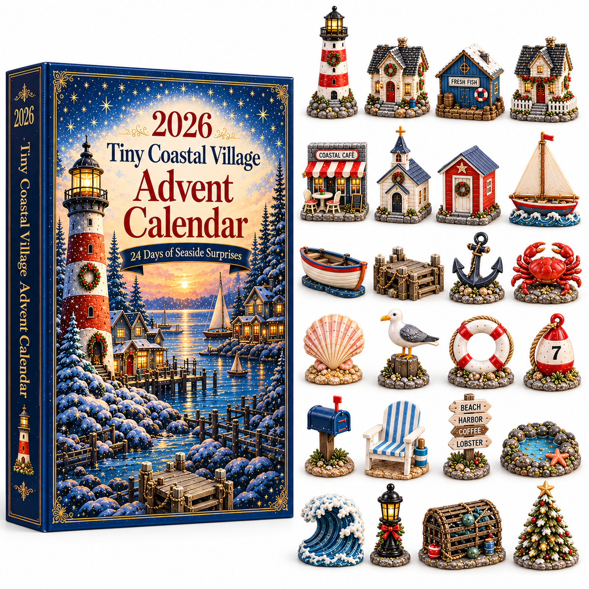 Tiny Coastal Village Advent Calendar 2026 – 24 Days of Seaside Surprises with 24 Unique Collectible Miniatures, Lighthouse & Harbor Christmas Gift for Coastal Lovers