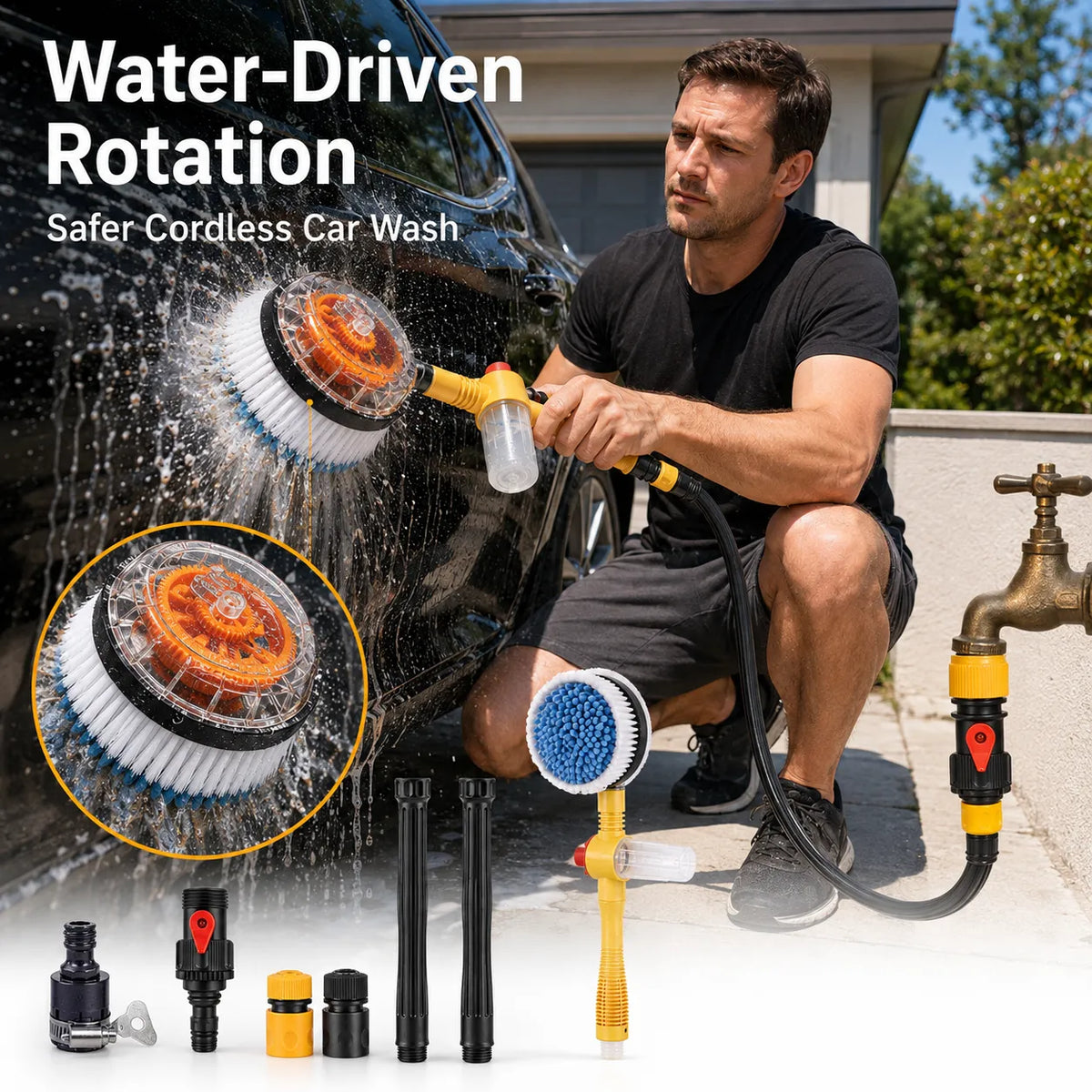 Water‑Powered Auto Rotating Car Wash Brush for Home Garage Car Care