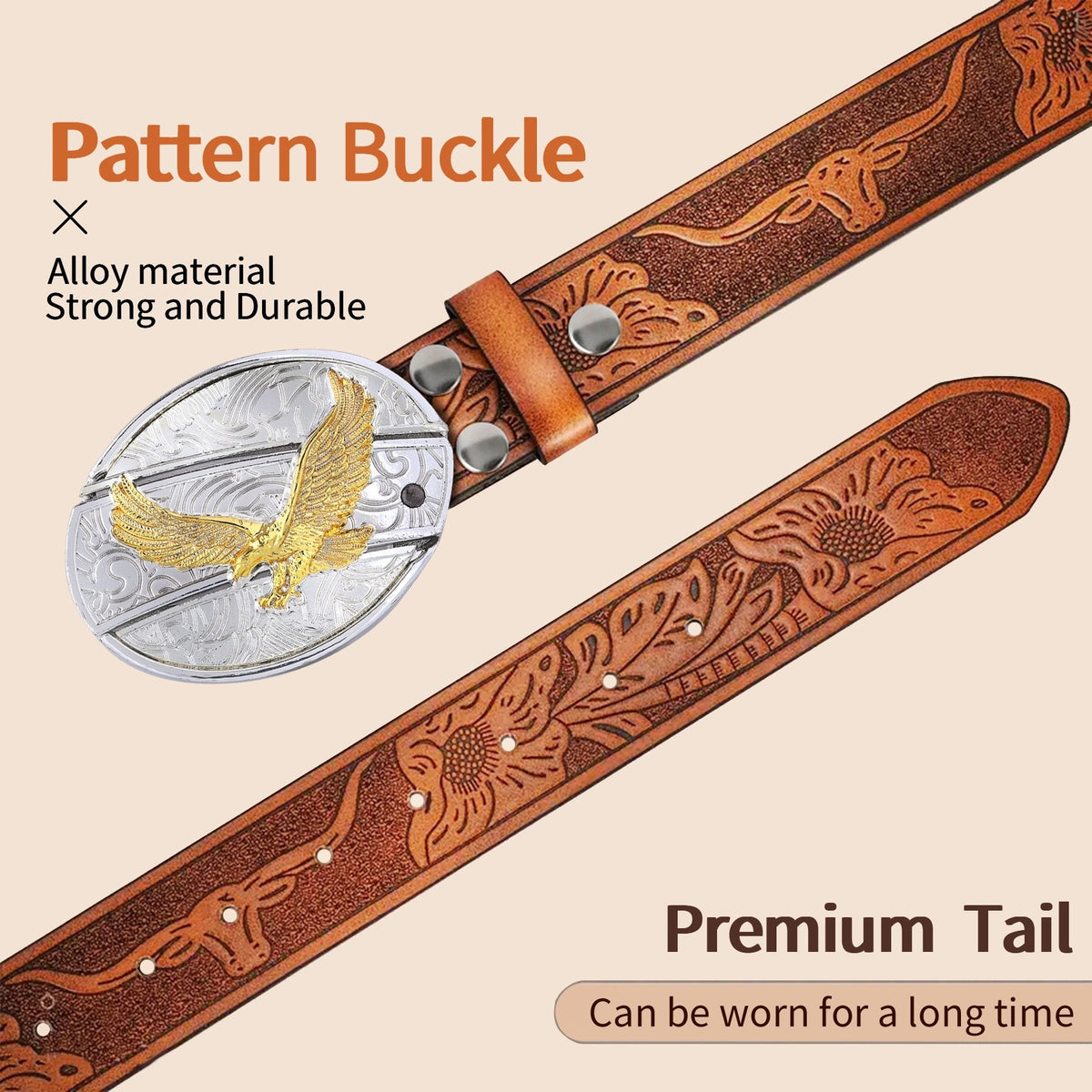 Bull‑Head Metal Buckle Embossed PU Leather Belt for Men