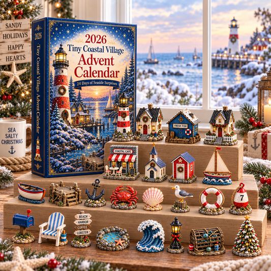 Tiny Coastal Village Advent Calendar 2026 – 24 Days of Seaside Surprises with 24 Unique Collectible Miniatures, Lighthouse & Harbor Christmas Gift for Coastal Lovers
