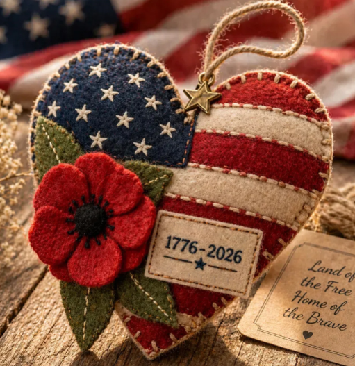 Vivifygrow — Handmade America 250 Heart Ornament – Patriotic Fabric Decor with Poppy Flower (1776–2026 Anniversary Edition) — product image 1