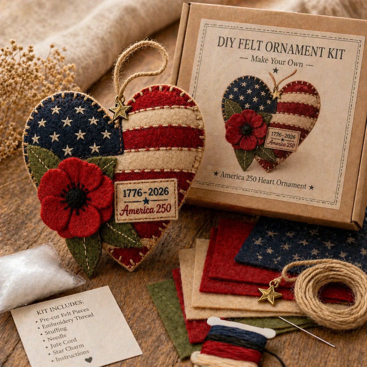 Vivifygrow — Handmade America 250 Heart Ornament – Patriotic Fabric Decor with Poppy Flower (1776–2026 Anniversary Edition) — product image 2