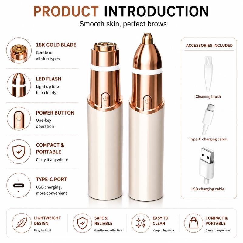 2-in-1 Rechargeable Facial & Eyebrow Trimmer – Gold-Plated Precision Razor