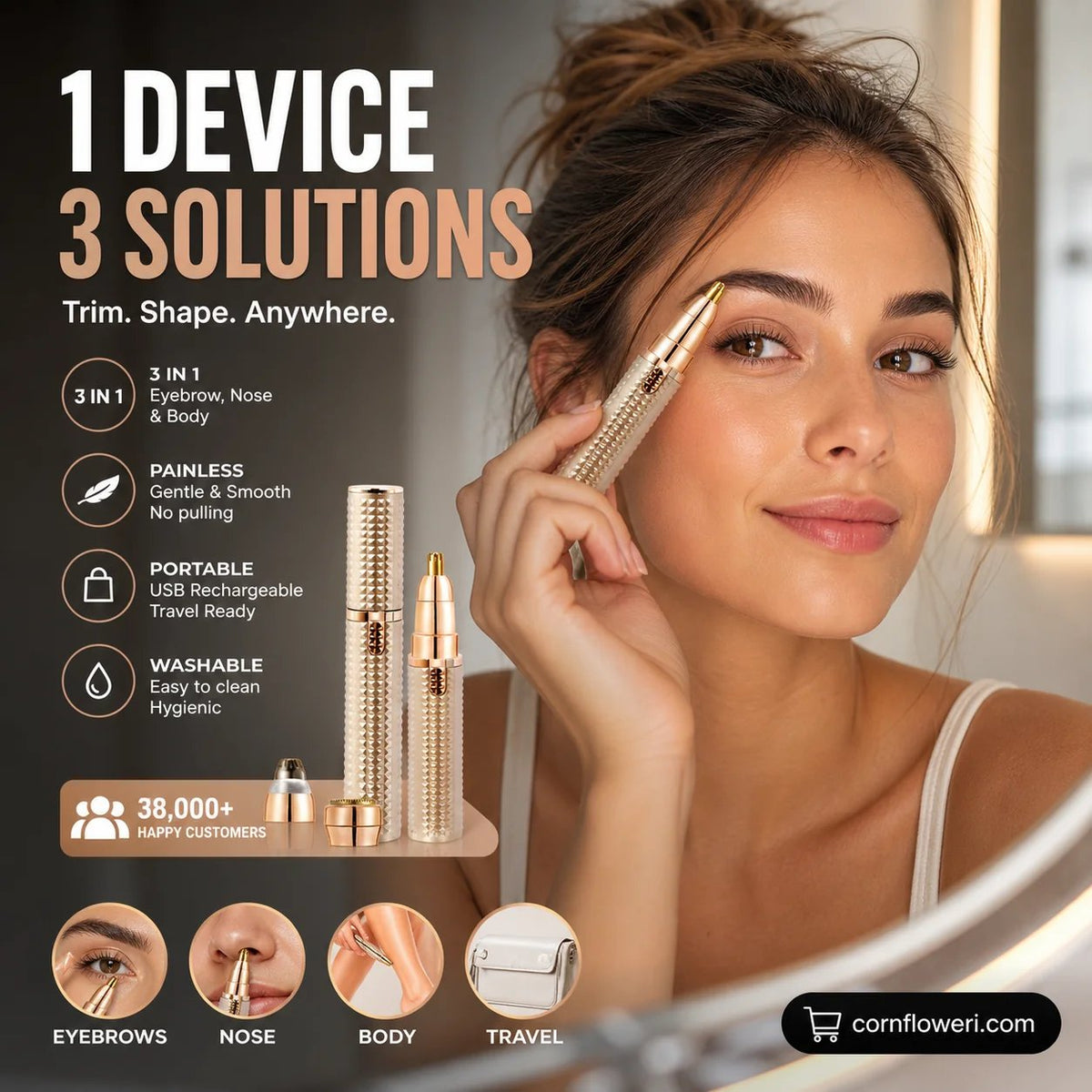 Portable Electric Eyebrow & Facial Trimmer – 3 Interchangeable Heads