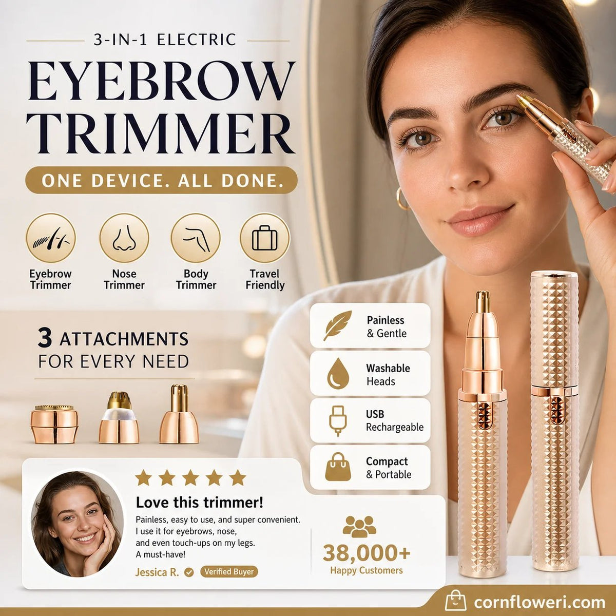 Portable Electric Eyebrow & Facial Trimmer – 3 Interchangeable Heads