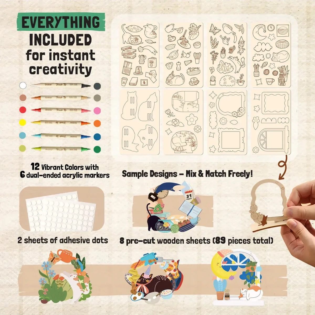 2-Collection Wood Painting Craft DIY Kit – 195 Pieces & 24 Colors